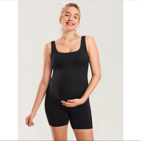 Black Ribbed Square Neck Maternity Romper - Picture 1 of 5